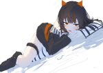  1girl ahoge asymmetrical_legwear bare_shoulders black_hair black_sweater drawn_ears fang full_body katata leg_belt looking_at_viewer lying mahou_shoujo_no_majo_saiban multicolored_hair off-shoulder_sweater off_shoulder on_bed open_mouth orange_eyes orange_streaks sawatari_coco short_hair single_thighhigh slit_pupils solo streaked_hair striped_clothes striped_thighhighs sweater thighhighs white_background 