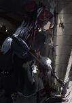  1girl absurdres arknights axe black_boots black_capelet black_skirt blood blood_on_face blood_on_weapon blue_eyes boots braid capelet commentary_request dark dark-skinned_female dark_skin full_body gracebearer_(arknights) head_wings highres holding holding_axe indoors leaning_on_wall long_sleeves looking_at_viewer looking_back red_hair shaded_face shirt skirt snake_tail solo standing tail tail_through_clothes urani_(uryan_rip) weapon white_shirt wings 