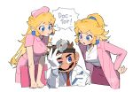  1boy 2girls artist_name blonde_hair blue_eyes blush_stickers breasts brown_hair clipboard coat commentary_request dr._mario dr._mario_(game) dr._peach dual_persona earrings english_text facial_hair gloves hand_on_own_face hand_on_own_hip hat head_mirror high_ponytail highres holding holding_clipboard holding_pen jewelry korean_commentary lab_coat leaning_forward long_hair mario mario_(series) multiple_girls mustache necktie nurse_cap nurse_peach pen pink_coat pink_lips pink_skirt ponytail princess_peach red_necktie short_hair simple_background skirt small_sweatdrop speech_bubble sphere_earrings ssuregigame uneven_eyes very_long_hair white_background white_gloves 