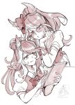  2girls absurdres animal_ears bow bowtie braid breasts commentary_request ears_through_headwear facial_mark fedora forever_young_(umamusume) hat heart heart_facial_mark heart_on_cheek highres holding holding_tablet_pc horse_ears horse_girl limited_palette long_hair loves_only_you_(umamusume) multiple_girls puckered_lips puffy_short_sleeves puffy_sleeves sailor_collar sailor_shirt school_uniform shirt short_sleeves summer_uniform sunglasses tablet_pc takatsuki_nato tracen_school_uniform umamusume 