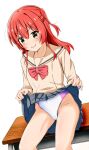 1girl bench blush bocchi_the_rock! bow brown_sailor_collar brown_shirt clothes_lift collarbone commentary cowboy_shot hair_between_eyes kita_ikuyo long_hair looking_at_viewer on_bench one-piece_swimsuit one_side_up pleated_skirt red_bow red_hair sailor_collar school_uniform shirt shuka_high_school_uniform sim_evo sitting skirt skirt_lift solo sweat sweatdrop swimsuit swimsuit_under_clothes thighs upskirt yellow_eyes 