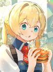  1girl aqua_eyes ascot blonde_hair burger commentary_request contrast_collar eating fingernails food food_on_face frederica_irving hair_between_eyes hair_intakes hands_up holding holding_burger holding_food looking_at_food open_mouth portrait puffy_short_sleeves puffy_sleeves red_ascot sakuraso sekaiju_no_meikyuu shin_sekaiju_no_meikyuu short_sleeves solo teeth twintails upper_teeth_only 