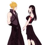  1boy 1girl apron arm_ribbon bare_shoulders black_apron black_gloves black_hair black_pants black_shorts black_vest blonde_hair blue_eyes blush breasts closed_eyes cloud_strife commentary_request facing_another feet_out_of_frame fenrir_(ff7) final_fantasy final_fantasy_vii final_fantasy_vii:_advent_children from_side gloves highres large_breasts light_blush long_hair looking_at_another m0gu_kupo midriff_peek open_mouth pants popped_collar profile red_ribbon ribbed_shirt ribbon shirt short_hair shorts single_shoulder_pad sleeveless sleeveless_shirt smile spiked_hair standing tifa_lockhart vest waist_apron white_background 