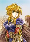  1girl :o belt belt_buckle black_bridal_gauntlets black_wings blonde_hair blue_dress breasts breath_of_fire breath_of_fire_ii bridal_gauntlets buckle commentary_request dress feathered_wings gauntlets graphite_(medium) green_eyes highres long_hair looking_to_the_side medium_breasts mixed_media nina_(breath_of_fire_ii) nobuhiko_tsukikage parted_lips puffy_short_sleeves puffy_sleeves short_sleeves simple_background solo traditional_media tree upper_body wing_clan_(breath_of_fire) wings 