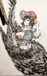  1girl absurdres bandana black_hair black_wings breasts cleavage commentary_request cowboy_hat dated_commentary hat highres kurokoma_saki large_breasts red_eyes red_hat short_hair short_sleeves simple_background solo touhou traditional_media upper_body user_ghut5478 wings 