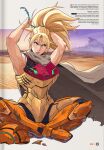  1girl armor armpits arms_behind_head arms_up bare_arms biceps blonde_hair broken_armor cloak commentary dirty dirty_clothes english_text game_screenshot_background highres indian_style jhony_caballero long_hair looking_to_the_side metroid metroid_prime_4:_beyond multiple_scars muscular muscular_female power_suit_(metroid) samus_aran scar scar_across_eye scar_on_arm scar_on_face scratched screenshot_background sitting solo sweat toned toned_female torn_clothes torn_sleeves tying_hair varia_suit very_sweaty 