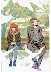  1boy 1girl absurdres bench bird brown_hair commentary english_commentary food highres holding holding_ice_cream_cone hood hoodie ice_cream ice_cream_cone jacket jean_grey marvel on_bench park park_bench peter_parker red_hair smile spider-man:_brand_new_day spider-man_(series) w2rom x-men 