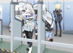  6+girls absurdres aiming animal_ears black_gloves black_jacket black_shoes blonde_hair blue_archive blue_eyes blue_halo braid clipboard commentary_request crack cracked_wall dog_ears dog_girl faceless faceless_female fuyubone gloves grey_hair gun halo highres holding holding_gun holding_pen holding_shield holding_weapon jacket kanna_(blue_archive) kirino_(blue_archive) long_sleeves multiple_girls one_eye_closed pantyhose pen revolver riot_shield shield shield_wall shoes shooting_range smith_&amp;_wesson_360 twin_braids valkyrie_police_academy_student_(sg)_(blue_archive) weapon white_gloves white_shoes 