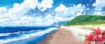 asama_fumi azalea_(flower) beach blue_sky cloud cloudy_sky commentary_request day driftwood flower highres hill landscape log no_humans original outdoors red_flower sample_watermark scenery shore sky statue summer watermark waves 