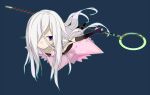  1girl aqua_outline black_bridal_gauntlets blue_background bridal_gauntlets closed_mouth commentary_request hair_between_eyes hair_over_one_eye holding holding_staff long_hair long_hair_between_eyes looking_at_viewer mystic_(sekaiju) mystic_4_(sekaiju) one_eye_covered outline pointy_ears purple_eyes sekaiju_no_meikyuu sekaiju_no_meikyuu_4 simple_background solo split_mouth staff ume_(datsuryokugen) white_background 