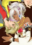  1boy 1girl blonde_hair blue_eyes detached_sleeves earrings female g-zennosuke jacket jewelry johnny_garland long_hair male native_american red_shirt shadow_hearts shadow_hearts_from_the_new_world shania shirt short_hair tan_skin tiara tubetop 