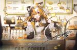  1girl :3 absurdres analog_clock animal_ears bag bakery black_bow bow bow_choker bread bread_hair_ornament bread_slice brown_eyes cake cake_slice cat_ears cat_girl charm_(object) choker clock collarbone commission cookie cookie_hair_ornament counter crossed_bangs cup donut dot_nose drink drinking_straw eyelashes food food-themed_hair_ornament fried_egg fried_egg_on_toast frilled_sleeves frills fruit gem hair_between_eyes hair_ornament hanging_light headdress highres holding holding_pen indoors keyring lemonade long_hair long_sleeves looking_at_viewer makeup menu menu_board mihuashi_commission milk_tea moriyama_meiko multicolored_hair note open_mouth original pen photo_(object) red_gem rouge_(makeup) shop sidelocks signature solo strawberry striped_bow toast too_many_watermarks tote_bag upper_body very_long_hair wall_clock watermark whipped_cream white_headdress wide_sleeves 