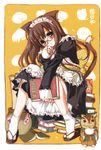  absurdres animal_ears bell blush book brown_hair cat_ears copyright_request frills glasses green_eyes highres long_hair maid maid_headdress obi sandals sash shaa sitting socks solo source_request tail 