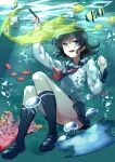  1girl :d air_bubble arm_up black_hair black_skirt black_socks blue_eyes bubble clownfish commentary_request coral fish full_body hair_between_eyes hand_up highres holding holding_pen holding_stylus jellyfish kagari_liroi kneehighs light_rays loafers long_sleeves looking_at_viewer miniskirt neckerchief open_mouth original pen pleated_skirt red_neckerchief sailor_collar school_uniform serafuku shirt shoes skirt smile socks solo stylus submerged sunlight teeth tropical_fish underwater upper_teeth_only water white_shirt 