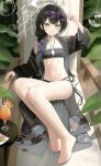  1girl absurdres barefoot bikini black_bikini black_hair black_robe blue_archive braid braid_over_shoulder breasts butterfly_hair_ornament chair cleavage_cutout clothing_cutout commentary crossed_bangs cup diamond_cutout drink drinking_glass drinking_straw eyewear_on_head feet food fruit full_body grey_eyes grey_halo hair_ornament halo highres kir_(khw66136132) kisaki_(blue_archive) kisaki_(swimsuit)_(blue_archive) legs legs_together light_blush long_hair looking_at_viewer lounge_chair melon melon_slice navel official_alternate_costume official_alternate_hairstyle open_mouth outdoors plant purple-tinted_eyewear robe robe_partially_removed round_table side_braid sitting small_breasts solo stomach sunglasses swimsuit table tinted_eyewear toenails toes very_long_hair 