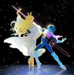  1girl 1other absurdres androgynous animal_ears animal_nose antlers arm_up armor armored_boots bandana black_background blonde_hair blue_armor blue_bodysuit blue_eyes blue_hair blue_skin bodysuit boots breastplate closed_mouth colored_skin commentary covered_eyes deer_antlers deer_ears deer_girl deltarune dress english_commentary eyelashes floating_clothes floating_hair from_side full_body furry furry_female furry_with_non-furry gauntlets hair_between_eyes hair_over_eyes hand_up highres holding holding_sword holding_weapon horns humbleleafy ice interspecies knight kris_(dark_world)_(deltarune) kris_(deltarune) long_hair long_sleeves looking_at_another noelle_holiday noelle_holiday_(dark_world) official_alternate_costume other_with_female purple_bandana reflection short_hair snowing standing sword teeth torn_clothes utdr_(toby_fox) wavy_hair weapon white_dress wide_sleeves yellow_fur 