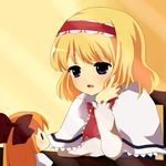  alice_margatroid blonde_hair blue_eyes bow capelet chin_rest doll face hair_bow hairband light_rays open_mouth purin_jiisan shanghai_doll short_hair sitting solo sunbeam sunlight touhou worried 