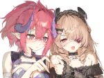  2girls animal_ear_piercing animal_ears armband bare_shoulders black_dress black_headdress blank_eyes blonde_hair breasts brown_hair brown_streaks choker cleavage closed_mouth collarbone commentary curly_sidelocks dayshiart double-parted_bangs dragon_girl dragon_horns dress english_commentary eyepatch flower_eyepatch grape_(vtuber) hair_ornament hair_over_one_eye hairclip heart heart_eyepatch heart_hands_failure highres horns indie_virtual_youtuber lace lace-trimmed_choker lace-trimmed_eyepatch lace_sleeves lace_trim long_hair looking_at_viewer multicolored_hair multiple_girls nimi_nightmare nimi_nightmare_(goth) off-shoulder_dress off_shoulder official_alternate_costume official_alternate_hairstyle open_clothes open_mouth open_vest parallel_hairclips pink_hair pink_nails pointy_ears ponytail pout purple_eyes purple_horns raised_eyebrows red_eyes second-party_source simple_background smile streaked_hair swept_bangs tapir_ears tapir_girl thumbs_up upper_body vest virtual_youtuber white_background 