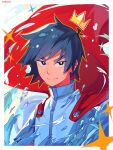  1boy absurdres black_eyes black_hair bubble cape closed_mouth crown false_memory halo highres jacket looking_at_viewer male_focus mini_crown protagonist_halo red_cape short_sleeves smile solo sparkle water wreckedmonger 
