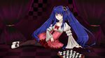  aneogyps blue_eyes blue_hair board_game bow chess curtains dress floral_print flower furudo_erika hair_flower hair_ornament highres long_hair pantyhose print_legwear ribbon sitting smile solo twintails umineko_no_naku_koro_ni 