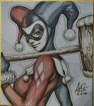  1girl batman_(series) breasts closed_mouth commentary dc_comics domino_mask english_commentary eye_mask from_side harley_quinn harley_quinn_(classic) hat holding holding_mallet jester jester_cap jester_costume mallet marker_(medium) mask photo_(medium) shikishi signature smile solo stanley_lau traditional_media turning_head 