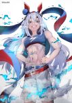  1girl abs absurdres animal_ears bare_shoulders belt blac66 blue_eyes blue_hairband blue_sports_bra breasts commentary ear_covers electricity fang grey_hair grey_tail grin hair_between_eyes hairband headband highres horse_ears horse_girl horse_tail lightning_bolt_print lightning_bolt_symbol long_hair long_sleeves multicolored_hairband muscular muscular_female navel open_mouth red_belt red_headband shorts small_breasts smile sports_bra striped_clothes striped_hairband tail tamamo_cross_(fast_as_lightning)_(umamusume) tamamo_cross_(umamusume) teeth two-tone_hairband umamusume very_long_hair white_shorts 
