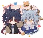  2boys :< absurdres ahoge alternate_costume animal-themed_food animal_ear_fluff animal_ears artist_name badge black_hair black_jacket blade_(honkai:_star_rail) blue_jacket blush border brown_jacket bubble_tea burger cat_ears character_name checkered_background closed_mouth commentary cup disposable_cup drinking_straw earrings english_commentary english_text eyes_visible_through_hair feathered_wings food four-pointed_star fur-trimmed_sleeves fur_trim gold_earrings gradient_hair grey_hair hair_between_eyes hair_ornament hairclip halo halo_behind_head hand_in_pocket hand_on_another's_face hand_up hands_up head_wings heart highres honkai:_star_rail honkai_(series) jacket jewelry long_hair long_sleeves looking_at_another maki0xu male_focus multicolored_hair multicolored_jacket multiple_boys outside_border parted_bangs piercing pink_background puffy_long_sleeves puffy_sleeves red_eyes red_hair scarf shirt short_hair sidelocks star_(symbol) streaked_hair sunday_(honkai:_star_rail) two-tone_jacket upper_body very_long_hair wavy_hair white_border white_scarf white_shirt wing_piercing wings yaoi yellow_eyes zipper 
