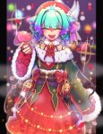  1girl absurdres aqua_hair ascot bare_shoulders belt beret blush braid breasts character_doll closed_eyes commentary_request doll dress earrings fate/grand_order fate_(series) fur_collar fur_trim hair_intakes hat hat_feather highres jewelry kibinago_(kibinago614) locusta_(fate) long_sleeves low_twin_braids multicolored_hair mushroom nero_claudius_(fate) nero_claudius_(fate/extra) off_shoulder open_mouth purple_hair queen_draco_(fate) queen_draco_(third_ascension)_(fate) red_dress red_hat sharp_teeth short_hair small_breasts smile solo sparkle teeth twin_braids two-tone_hair 