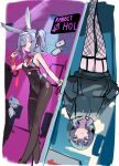  1girl ace_(playing_card) ace_of_hearts animal_ears arrow_(projectile) bare_shoulders black_hoodie black_leotard black_pantyhose black_ribbon blue_eyes blue_hair bow bowtie breasts card ceiling chain cleavage clothing_cutout collarbone commentary copyright_name cuffs cutout_above_navel detached_collar dice drawstring empty_eyes facial_mark fake_animal_ears feet_out_of_frame fishnet_pantyhose fishnets floating_card garter_straps ginggu hair_ornament hairband handcuffs hands_in_pockets hatsune_miku heart heart_cutout highres hood hoodie indoors leotard long_hair looking_at_viewer medium_breasts multiple_views necktie pantyhose pink_pupils playboy_bunny playing_card rabbit_ears rabbit_hole_(vocaloid) red_ribbon ribbon short_necktie sign sketch smile standing teardrop_facial_mark twintails upside-down v vocaloid white_hairband x_hair_ornament 