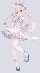  1girl :o animal_ear_fluff animal_ears apron blue_eyes bow braid brown_hair check_commentary cherry commentary_request cup detached_sleeves dress ear_bow food frilled_apron frilled_dress frills fruit full_body grey_background grey_shoes highres holding holding_cup hoshi_(snacherubi) long_hair low_twintails original parted_lips plaid_bow plaid_clothes plaid_dress plaid_sleeves puffy_short_sleeves puffy_sleeves ribbon-trimmed_socks ribbon_trim shoes short_sleeves signature simple_background sleeveless sleeveless_dress socks solo standing standing_on_one_leg tail twin_braids twintails very_long_hair waist_apron white_apron white_socks wrist_cuffs 