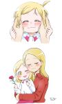  2girls aged_down blonde_hair blush carnation child closed_eyes commentary flower hand_on_another's_cheek hand_on_another's_face highres hug long_sleeves love_live! love_live!_sunshine!! mother's_day mother_and_child multiple_girls ohara_mari ohara_mari's_mother one_eye_closed parent_and_child red_shirt shirt signature simple_background ukakoro2132 upper_body white_shirt yellow_eyes 