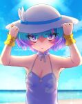  1girl aqua_hair arms_up bare_shoulders beach blue_sky blush breasts camisole commentary_request fate/grand_order fate_(series) floral_print hat hat_feather highres kibinago_(kibinago614) locusta_(fate) locusta_(over_the_same_sky)_(fate) looking_at_viewer multicolored_hair purple_camisole purple_eyes purple_hair short_hair sky small_breasts solo sun_hat two-tone_hair white_hat wrist_cuffs 