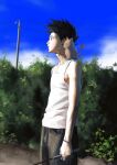  1boy animal animal_on_shoulder black_hair black_pants blue_sky brown_cat bush cat closed_mouth collarbone commentary_request day fishing_rod from_side gon_freecss highres holding holding_fishing_rod hunter_x_hunter kimgyunyu korean_commentary looking_ahead male_focus outdoors pants power_lines short_hair sky solo standing tank_top utility_pole white_tank_top 