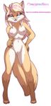  anthro blonde_hair blue_eyes breasts canine creamytea eyeliner female fox hair hand_on_hip lipstick long_hair long_tail looking_at_viewer mammal multi-colored_hair multicolor_hair nipples nude pink_eyeshadow pink_hair pussy solo standing streaks tail 