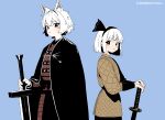  2girls animal_ear_fluff animal_ears black_cape black_hairband blue_background blue_eyes blush cape closed_mouth clothing_request commentary gambeson grey_hair hairband hand_on_hilt highres holding holding_sword holding_weapon inubashiri_momiji katana konpaku_youmu looking_at_viewer multiple_girls myaooo red_eyes short_hair simple_background smile sword touhou twitter_username weapon wolf_ears wolf_girl 