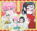  >_< 2girls absurdres alien_stage blush_stickers breasts burger cherry cleavage collared_shirt commentary crop_top drinking food fruit glasses hair_ornament hairclip half_updo headset heart highres holding holding_binder holding_tray microphone milkshake mizi_(alien_stage) multiple_girls official_alternate_costume puffy_short_sleeves puffy_sleeves purple_eyes red-framed_eyewear shirt short_hair short_sleeves single_blush_sticker striped_clothes striped_shirt sua_(alien_stage) tongue tongue_out tray two-tone_shirt ukei_x_x vertical-striped_clothes vertical-striped_shirt very_short_hair waitress white_shirt yellow_eyes yellow_shirt 