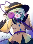  1girl black_hat blush bow buttons collared_shirt commentary_request diamond_button disembodied_linked_eye eyeball floral_print frilled_shirt_collar frilled_sleeves frills green_eyes green_hair green_skirt hair_between_eyes hat hat_bow heart heart_of_string highres koishi_day komeiji_koishi kuromame_45 long_sleeves looking_at_viewer medium_hair open_mouth print_skirt rose_print shirt skirt smile solo touhou watermark wide_sleeves yellow_bow yellow_shirt 