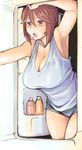  armpits blush breasts brown_eyes brown_hair cleavage large_breasts older refrigerator rozen_maiden short_hair shorts solo souseiseki sweatdrop tank_top tsuda_nanafushi 