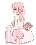  1girl :3 artist_name blush breasts charm_(object) closed_eyes hair_rings holding holding_towel long_hair long_sleeves one-piece_swimsuit open_mouth original pink_hair pink_one-piece_swimsuit shirt simple_background single_hair_ring smile solo swimsuit thighs towel twitter_username white_background white_shirt yunana yunayuispink 