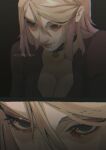  1girl artist_name blonde_hair blue_eyes breasts cleavage closed_mouth colored_tips commentary english_commentary eyeshadow hair_behind_ear hair_between_eyes hazeltheraccoon highres jacket large_breasts makeup maria_(silent_hill) medium_hair multicolored_hair pendant_choker pink_hair red_eyeshadow red_jacket red_pupils silent_hill_(series) silent_hill_2 silent_hill_2_(remake) solo upper_body 