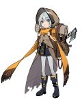  1girl axe backpack bag belt belt_buckle black_belt black_boots black_shorts blush_stickers boots buckle buttons character_request cloak closed_mouth commentary_request copyright_request full_body ginggu grey_eyes grey_hair hands_up highres hiking_backpack hood hooded_cloak korean_commentary looking_at_viewer pantyhose pantyhose_under_shorts scarf shorts simple_background sketch solo standing torn_cloak torn_clothes unfinished white_background white_pantyhose yellow_scarf 