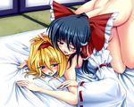  alice_margatroid azusayumi_meme bad_id bad_pixiv_id black_hair blonde_hair blue_eyes blush bow detached_sleeves hair_bow hair_pull hair_tubes hairband hakurei_reimu multiple_girls naughty_face nude sex short_hair touhou wince yuri 