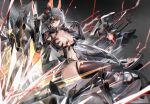  1girl absurdres armor arrow_(projectile) black_background black_gloves bow_(weapon) breasts center_opening cleavage collarbone commentary crackling_energy daiblos_core diamond_(shape) elbow_gloves electricity energy frown glint gloves glowing grey_hair hair_between_eyes hand_up headgear high_heels highres holding holding_weapon honeycomb_(pattern) horns large_breasts legs long_hair longxian_(daiblos_core) looking_at_viewer mechanical_horns mechanical_legs midair milbi one_eye_covered parted_lips see-through_clothes solo sweat thighhighs thighs very_long_hair weapon white_hair yellow_eyes 