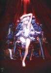  1girl absurdres armpits barefoot blue_flower blue_rose breasts choco_(chocolate_shop) comiket dress fate/grand_order fate_(series) flower full_body hair_ornament hand_on_own_head highres legs long_hair looking_at_viewer melusine_(fate) melusine_(second_ascension)_(fate) official_artist_extra rose scan single_bare_foot single_thighhigh small_breasts solo thigh_gap thighhighs toes watermark white_dress white_hair yellow_eyes 