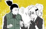  black_hair eating fingerless_gloves flak_jacket forehead_protector gloves nara_shikamaru naruto quad_tails temari vest wei 