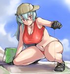  arm_support bespectacled bikini blush breasts bucket cloud day glasses gloves hat kneeling large_breasts long_hair older red_eyes rozen_maiden silver_hair sky solo suigintou sweat swimsuit tsuda_nanafushi 