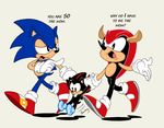  baby black black_fur blue dialog dialogue fur gloves hair half-closed_eyes hand_holding hedgehog male mammal mighty_the_armadillo plain_background pointing red red_hair sega shadow_the_hedgehog shoes socks sonic_(series) sonic_the_hedgehog text unknown_artist walking white_background young 