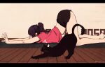  1girl absurdres arched_back artist_name bare_legs barefoot black_cat black_hair black_shorts cat cat_stretch clip_studio_paint_(medium) closed_eyes commentary dated english_commentary foot_out_of_frame fore_(va-11_hall-a) from_side hatching_(texture) highres indoors jill_stingray letterboxed linear_hatching long_hair making-of_available midriff outstretched_arms pink_shirt ponytail profile rnna rug shirt short_shorts short_sleeves shorts signature solo stretching top-down_bottom-up va-11_hall-a wooden_floor 