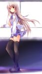  black_legwear blush brown_eyes futami_shion highres kuwashima_rein long_hair memories_off school_uniform silver_hair skirt solo standing thighhighs zettai_ryouiki 