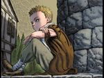  1boy berserk blonde_hair cape child highres house isidro looking_at_viewer male male_focus on_floor on_ground outdoors pants short_hair sitting sleeveless solo tree 